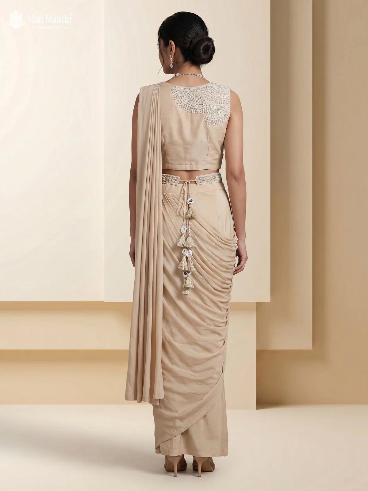 Beige Georgette Pre Draped Saree With Embroidered Blouse & Hip Belt - Image 3