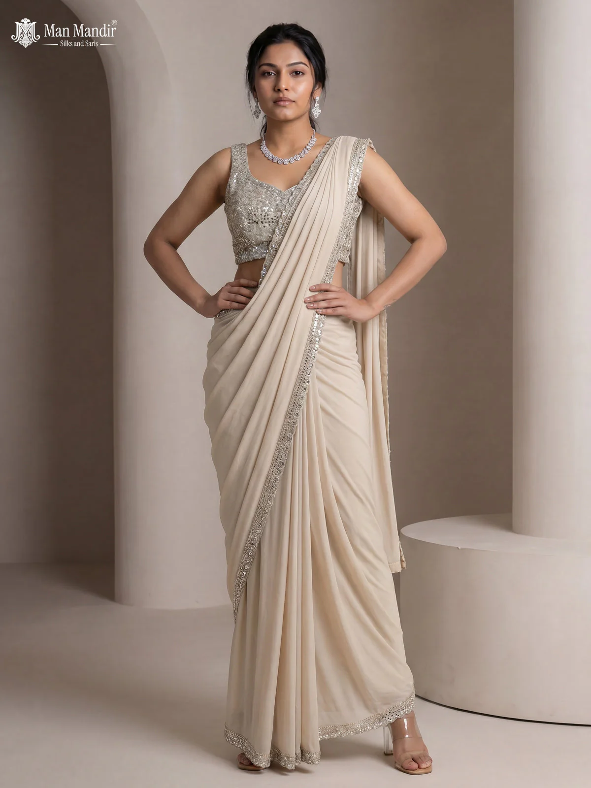 Beige Georgette Pre Draped Saree With Mirror Embroidered Blouse - Image 3