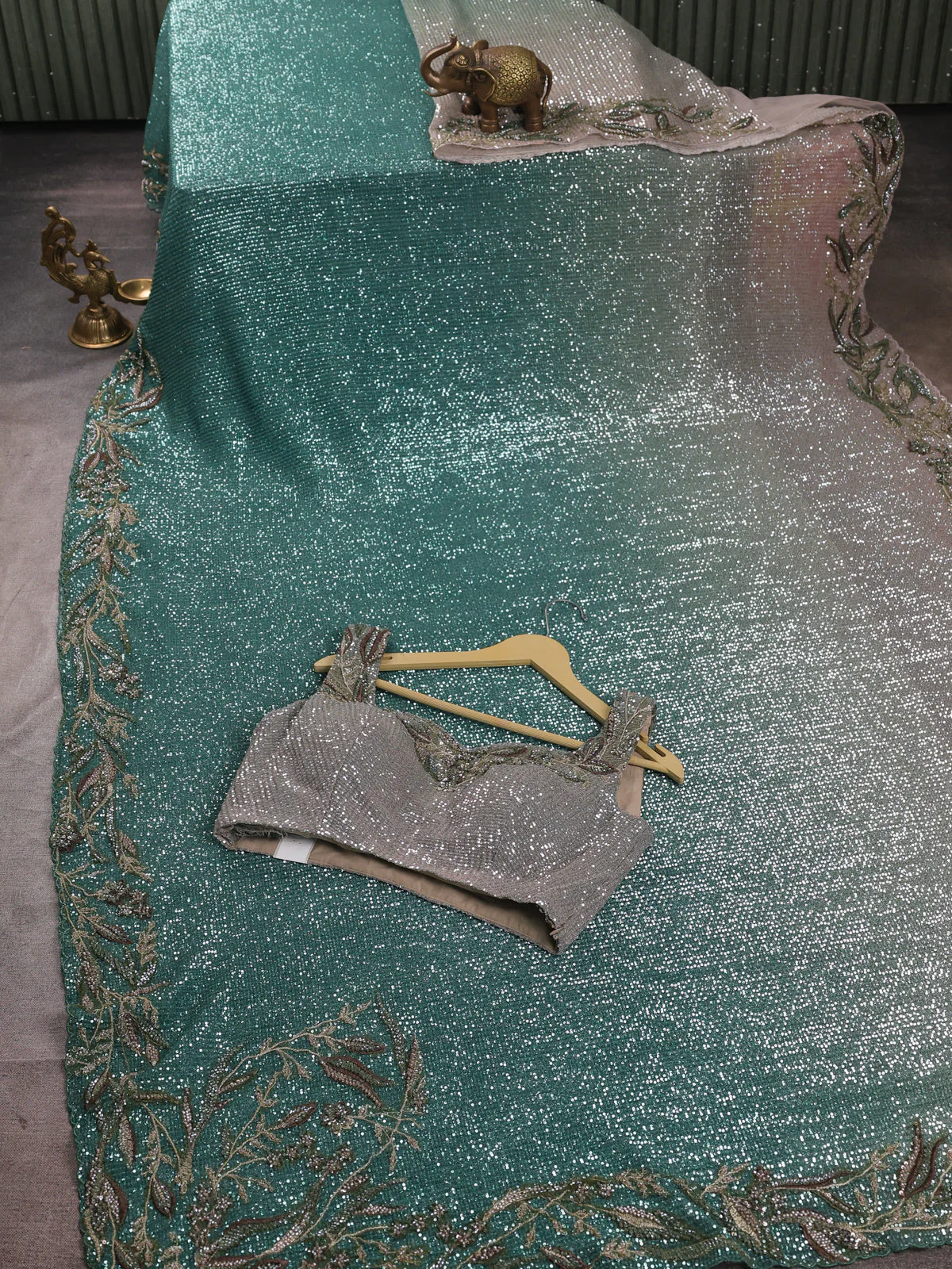 Beige - Green Net Sequin Embroidery Saree With Readymade Blouse - Image 2