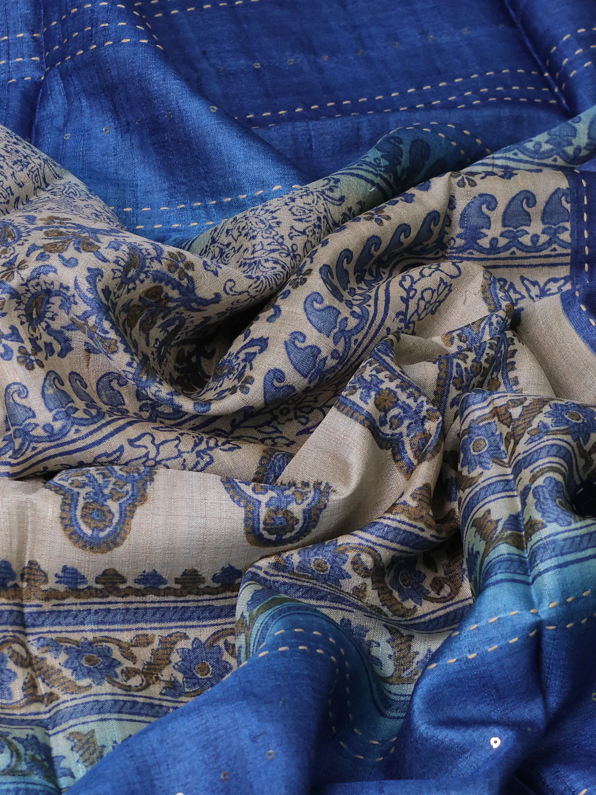 Beige - Indigo Bluetussar Kantha Embroidery Silk Saree - Image 3
