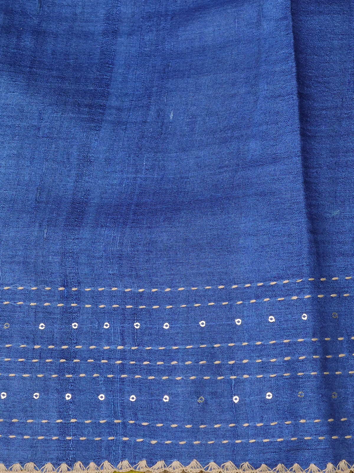 Beige - Indigo Bluetussar Kantha Embroidery Silk Saree - Image 4