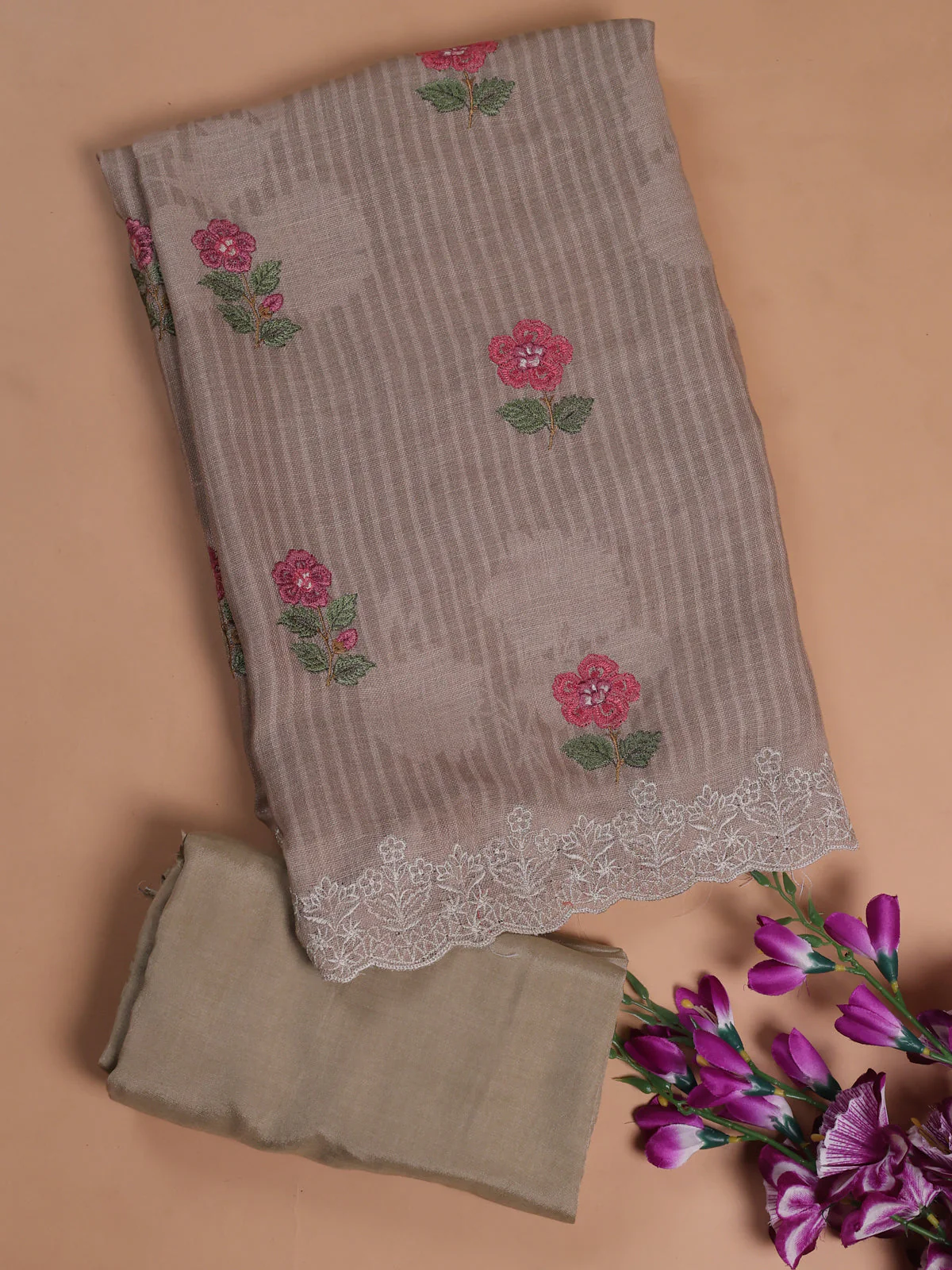Beige Linen Unstitched Suit - Image 2