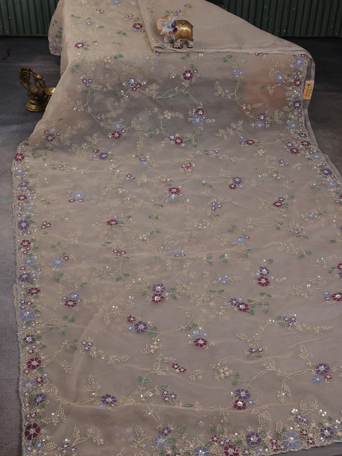 Beige Organza Embroidery Saree - Image 2