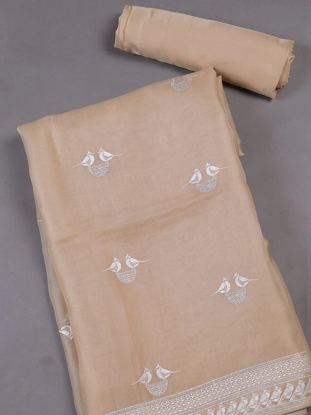 Beige Organza Silk Unstitched Suitas - Image 2