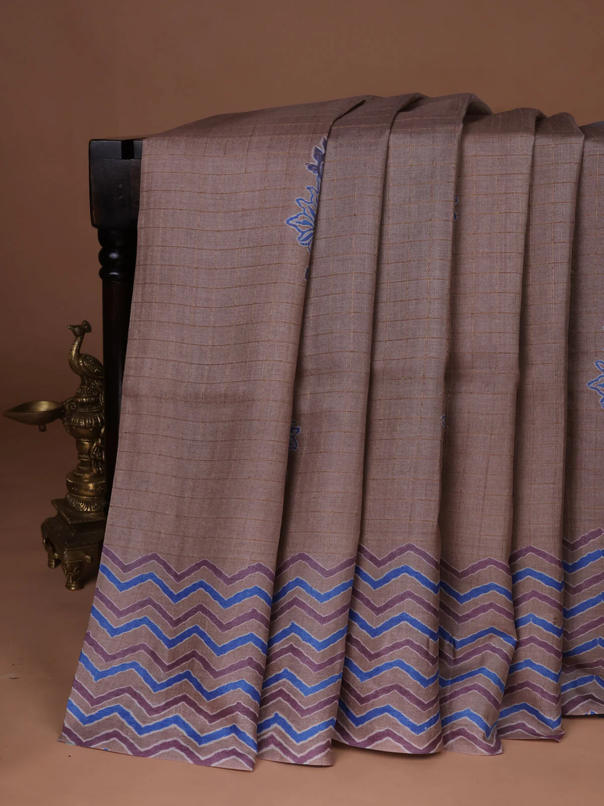 Beige Printed Tussar Silk Saree
