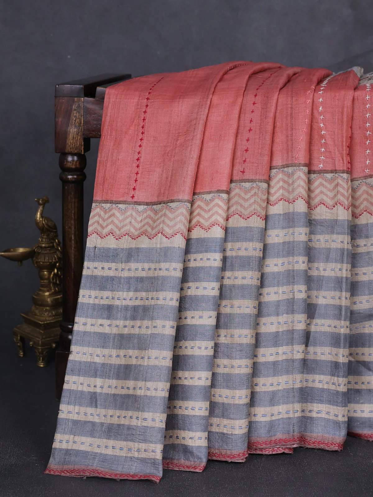Beige-Rust Tussar Kantha Embroidery Saree