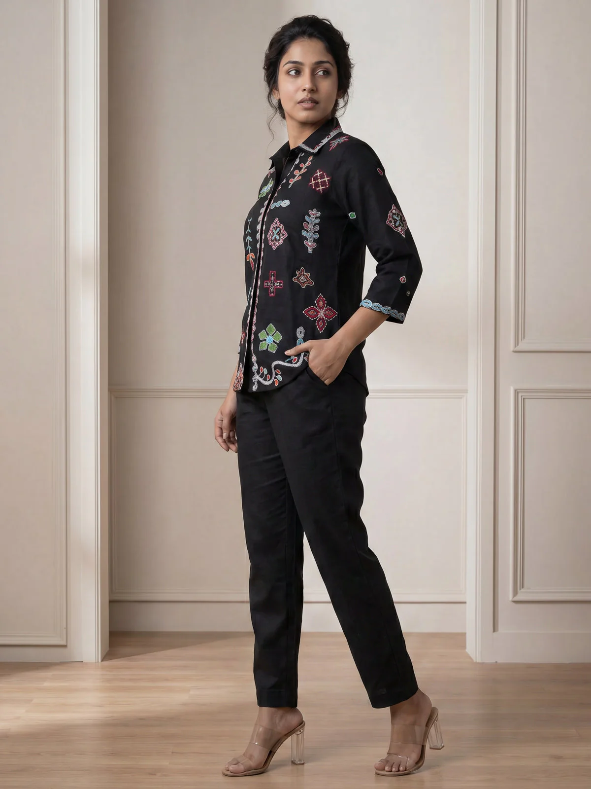 Black Linen Cotton Collared Tunic Top With Multi Colour Embroidery And Straight Cut Pant