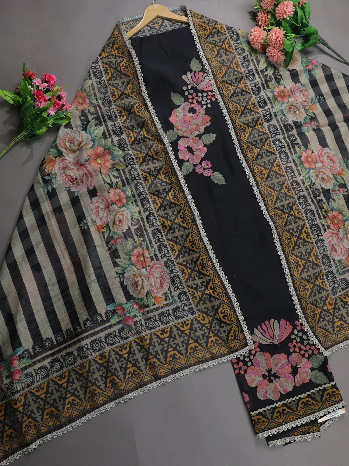 Black Mul Chanderi Unstitched Suit