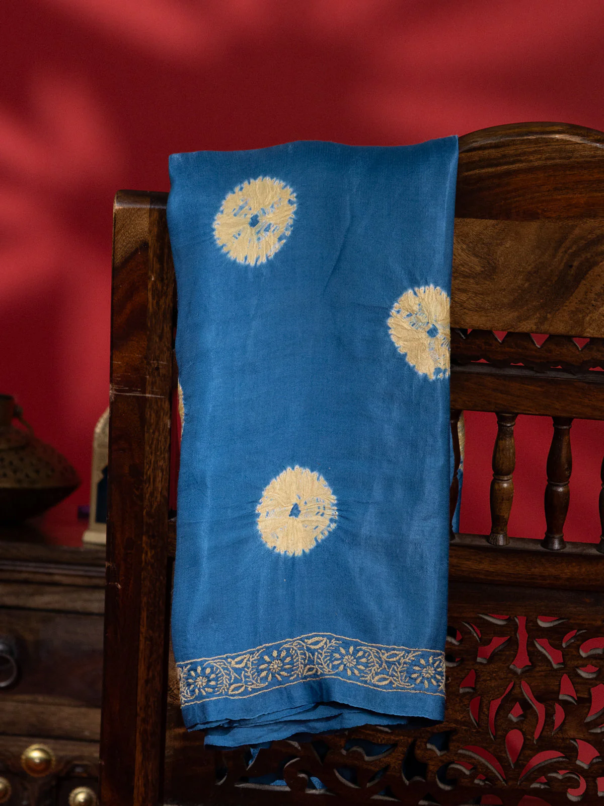 Blue Gajji Silk With Tie & Dye Buttas And Kutch Embroidery - Image 2