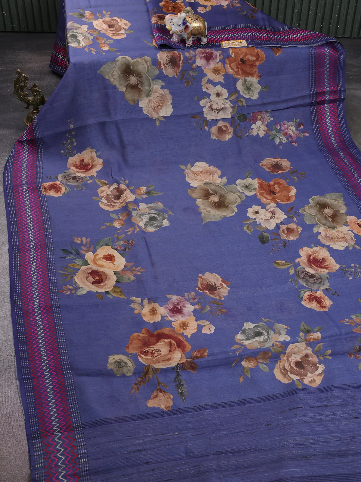 Blue Tussar Printed Silk Saree - Image 2