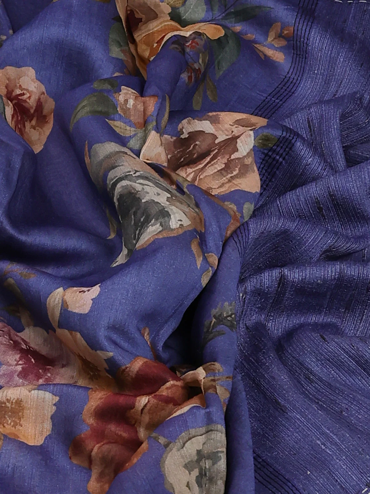Blue Tussar Printed Silk Saree - Image 3