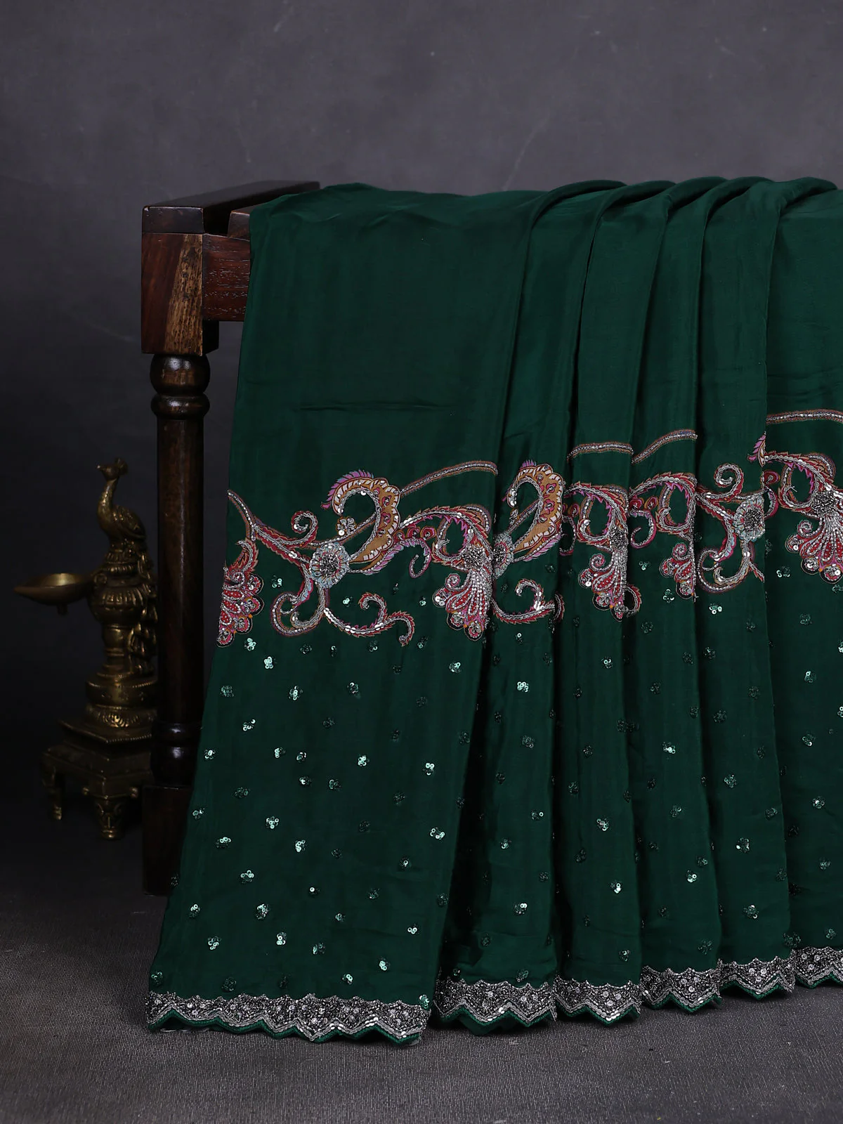 Bottle Green Crepe Sequin Embroidery With Readymade Blouse - Image 2