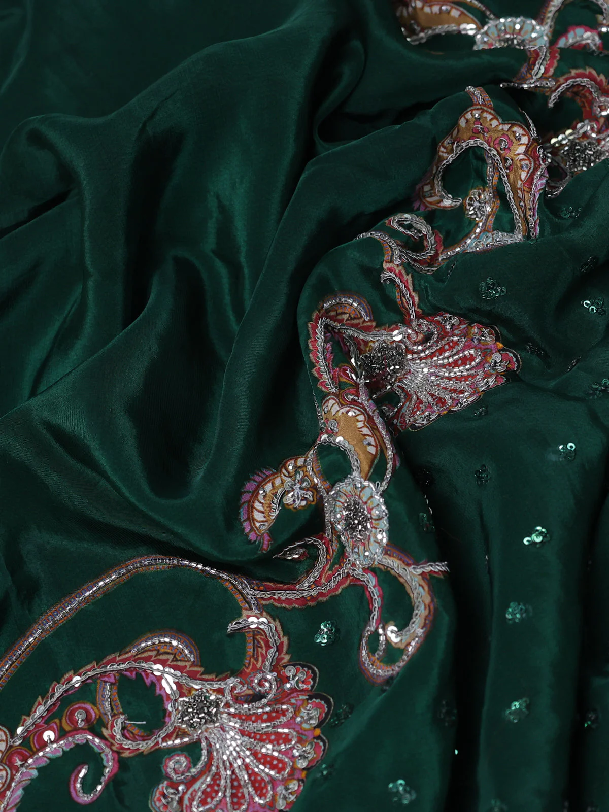 Bottle Green Crepe Sequin Embroidery With Readymade Blouse - Image 3