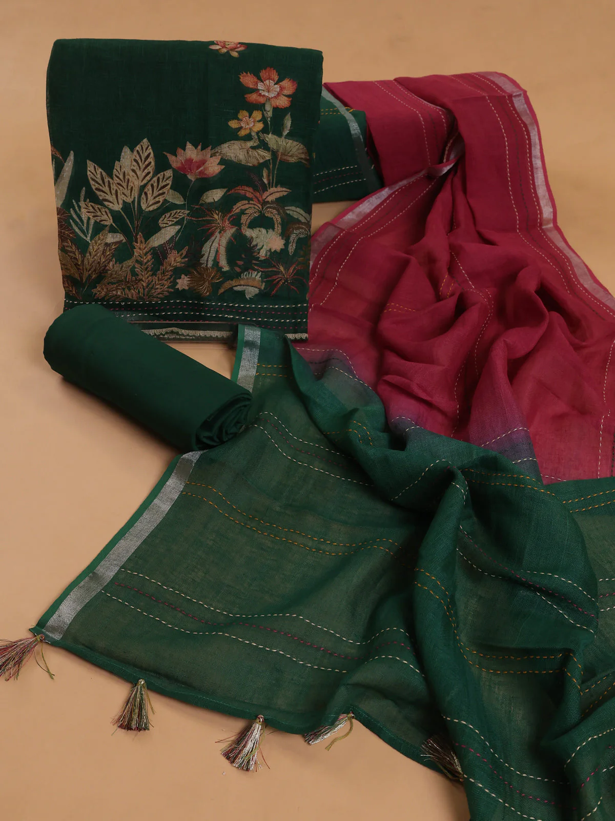 Bottle Green - Maroon Linen Unstitched Suit