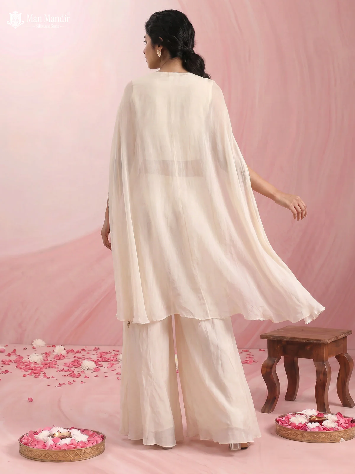 Cream Georgette Crape With Palazzo Suits & Heavy Zardosi Work - Image 3