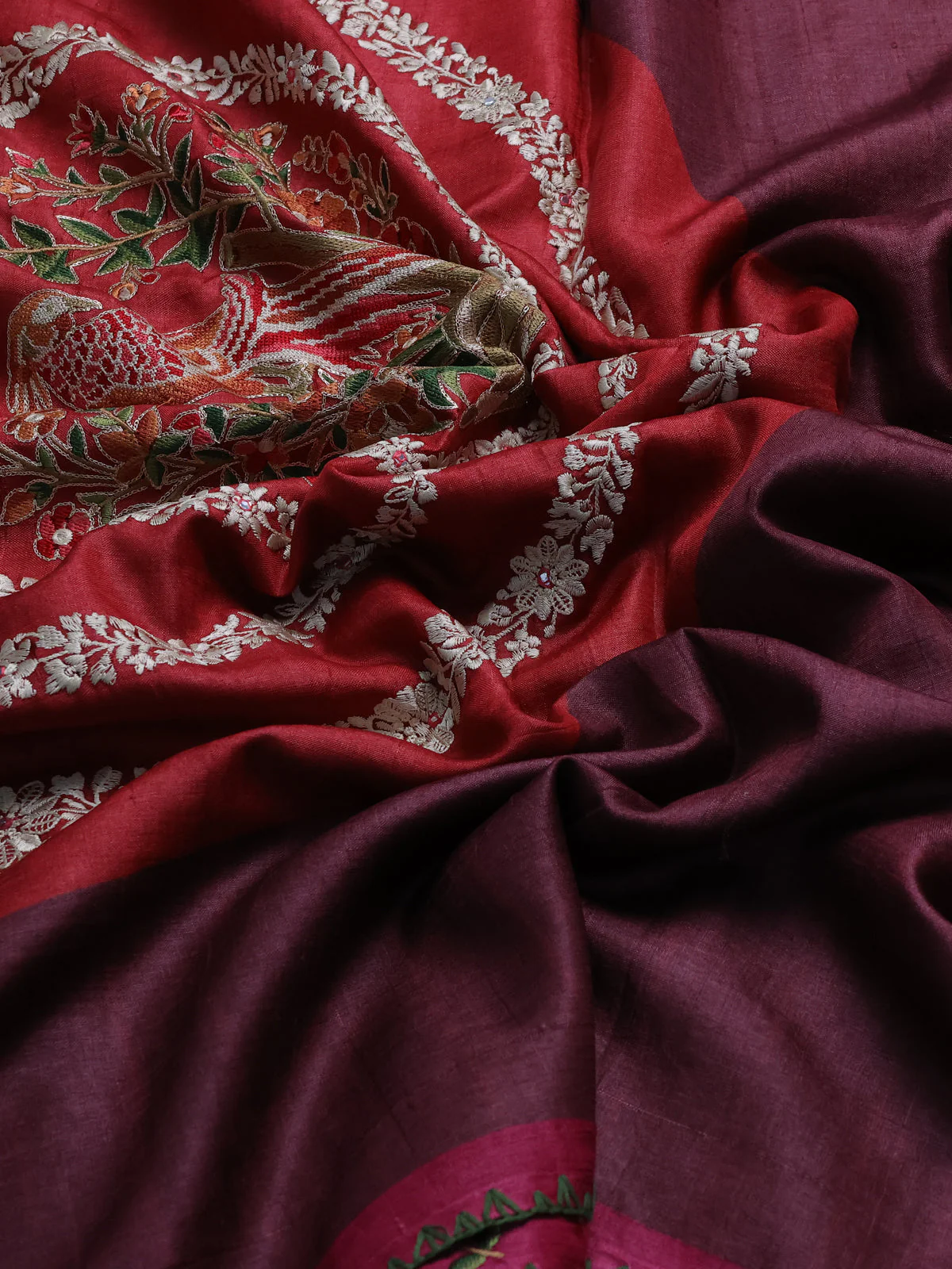 Dark Blue - Maroon Tussar Embroidery Saree - Image 3