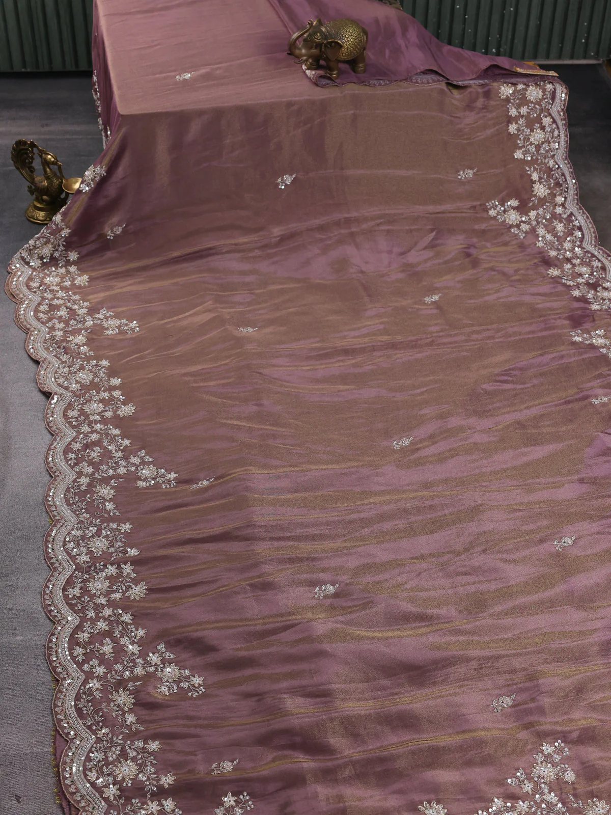 Dark Levender Georgette Tissue Embroidery Saree - Image 2