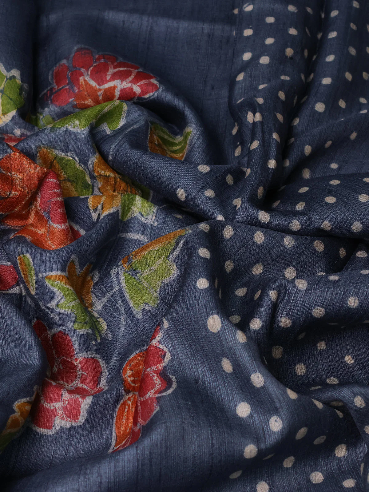 Denim Blue Printed Tussar Silk Saree - Image 3