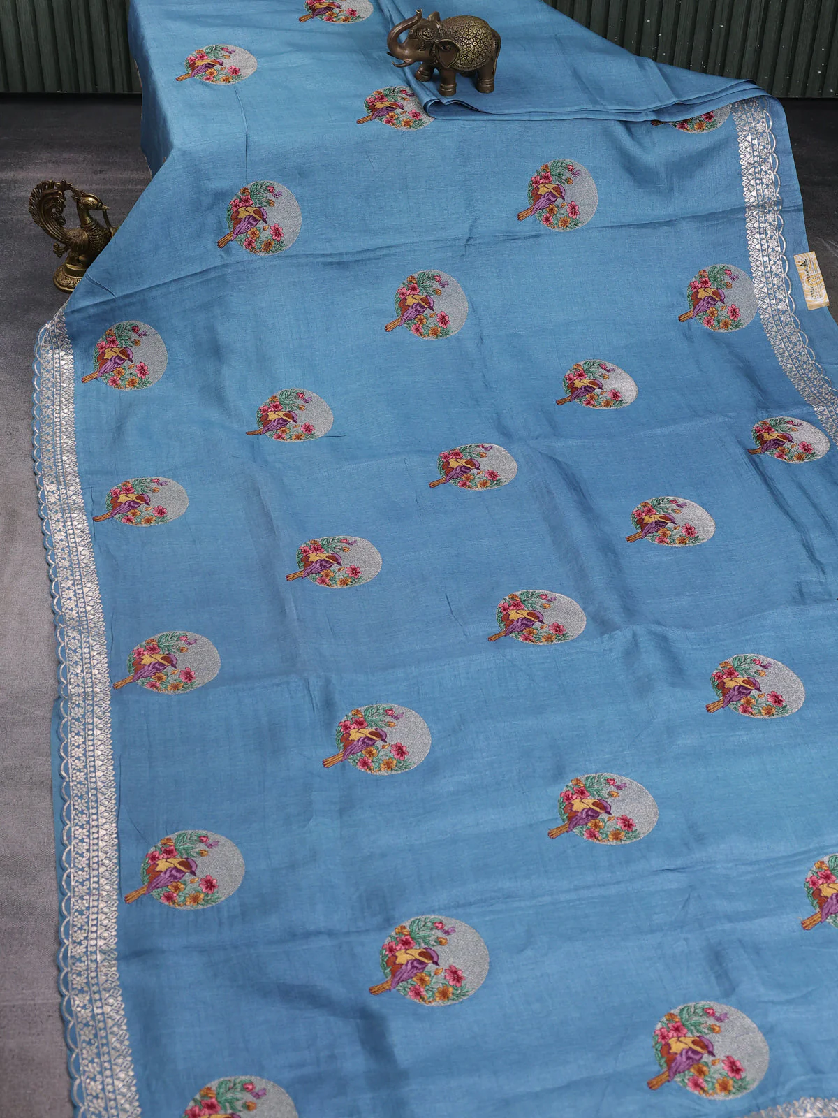 Denin Blue Tussar Embroidery Saree - Image 2