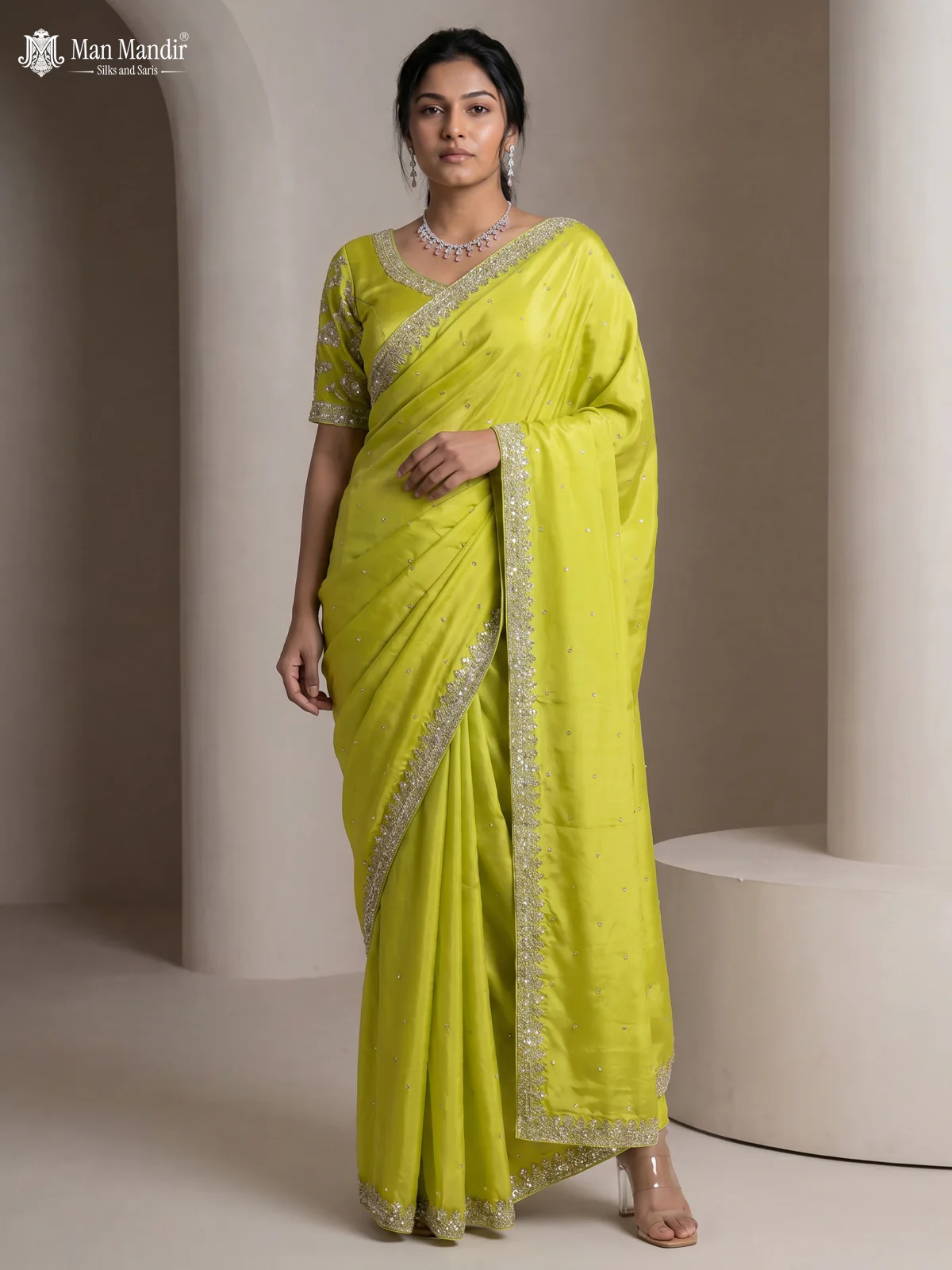 Fluorescent Green Satin Crepe Designer Saree With Sequins Readymade Blouse - Image 2