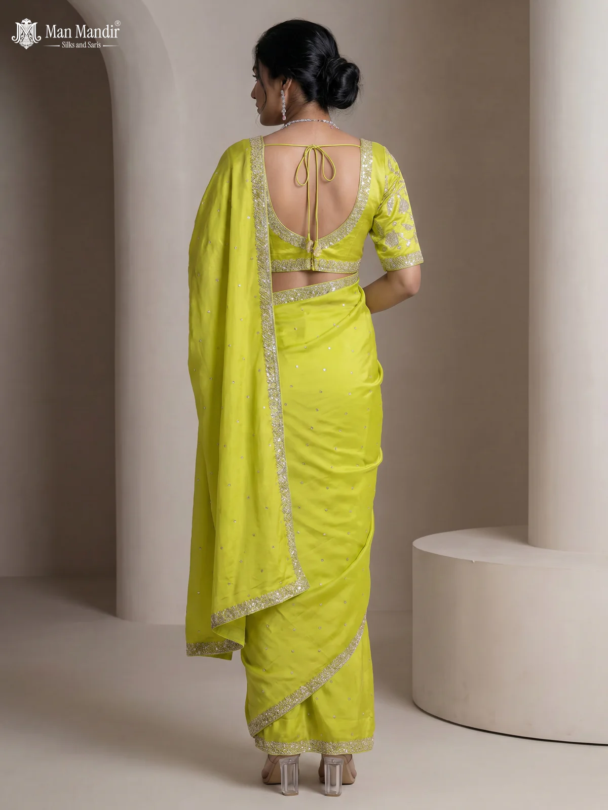 Fluorescent Green Satin Crepe Designer Saree With Sequins Readymade Blouse - Image 3