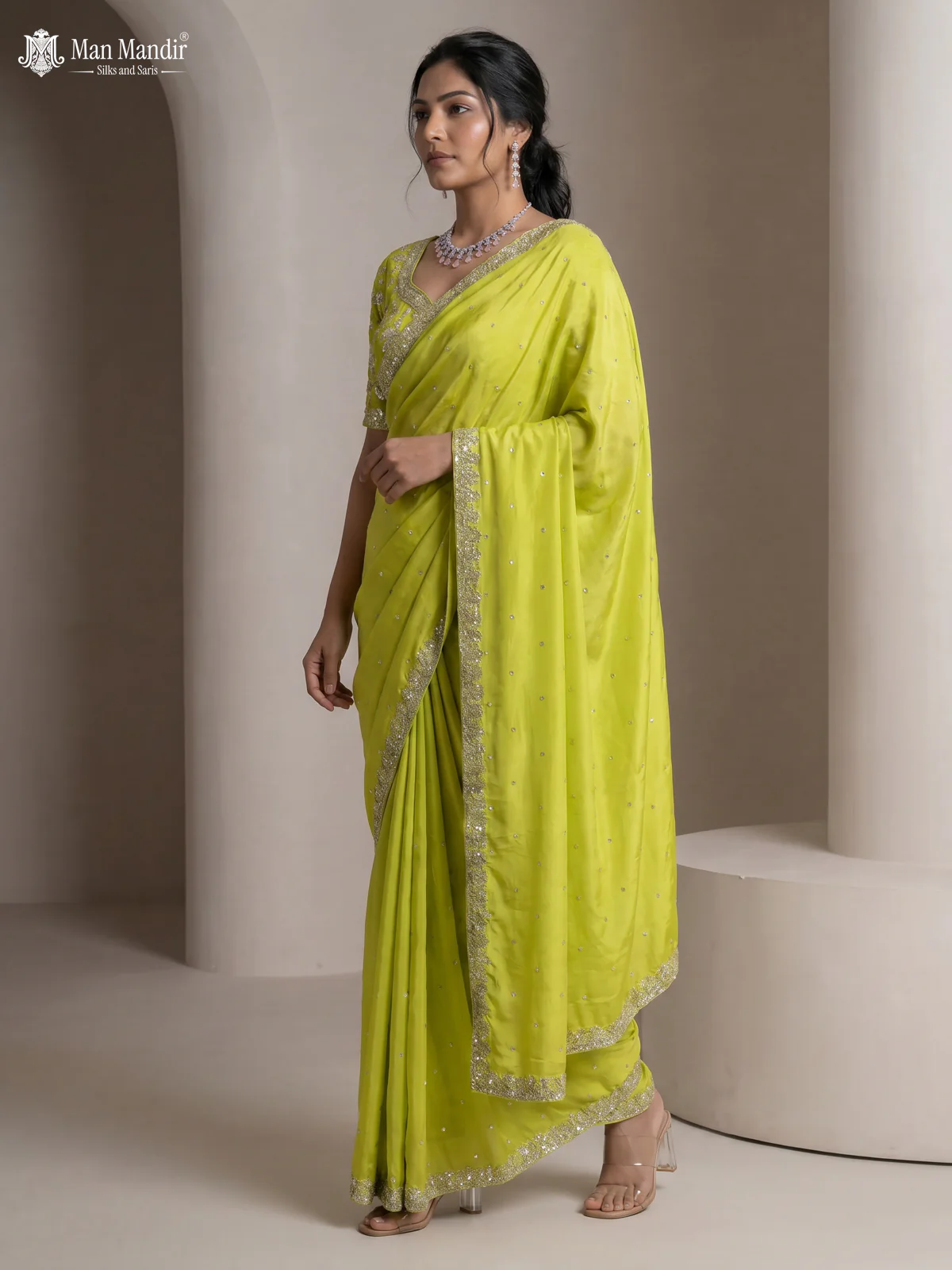 Fluorescent Green Satin Crepe Designer Saree With Sequins Readymade Blouse - Image 5