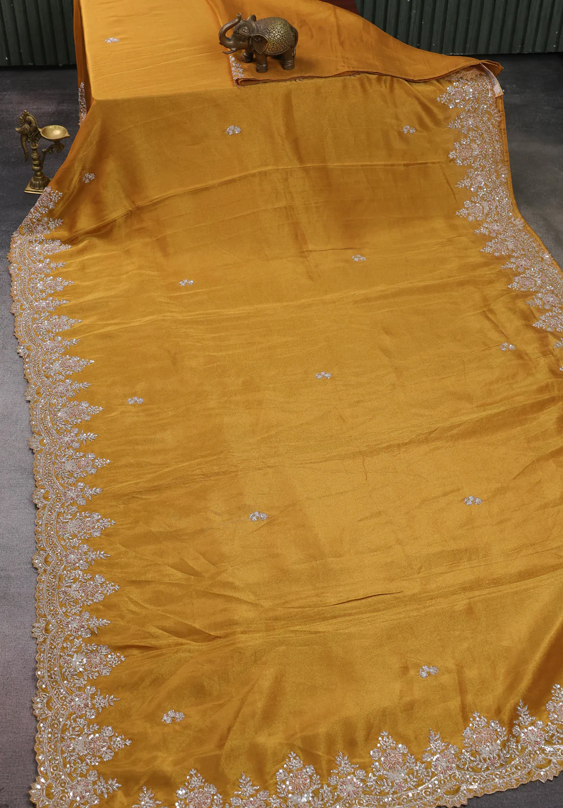 Gold Yellow Georgette Tissue Embroidery Saree - Image 2
