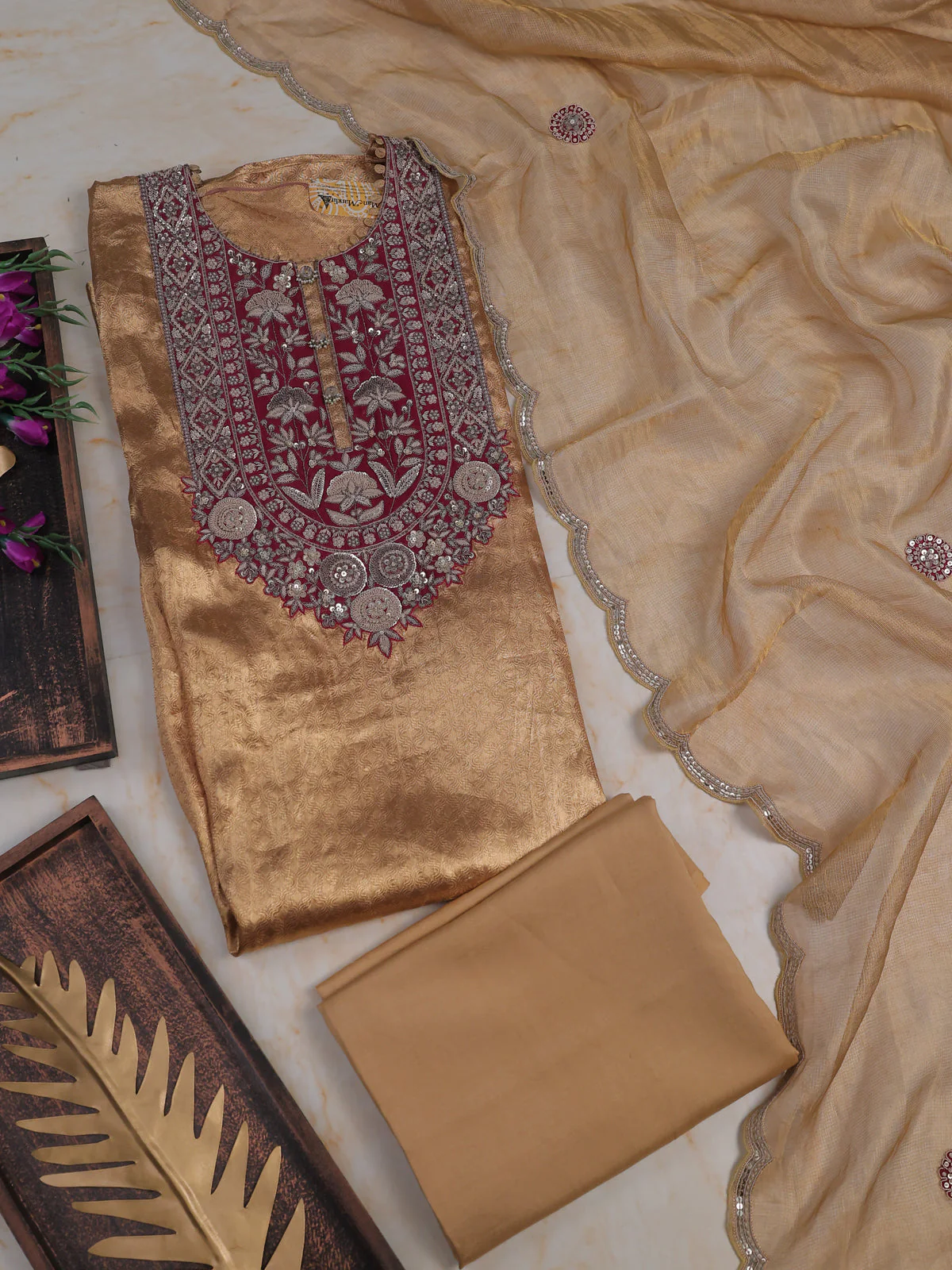 Golden Tissue Unstitched Suit - Image 2