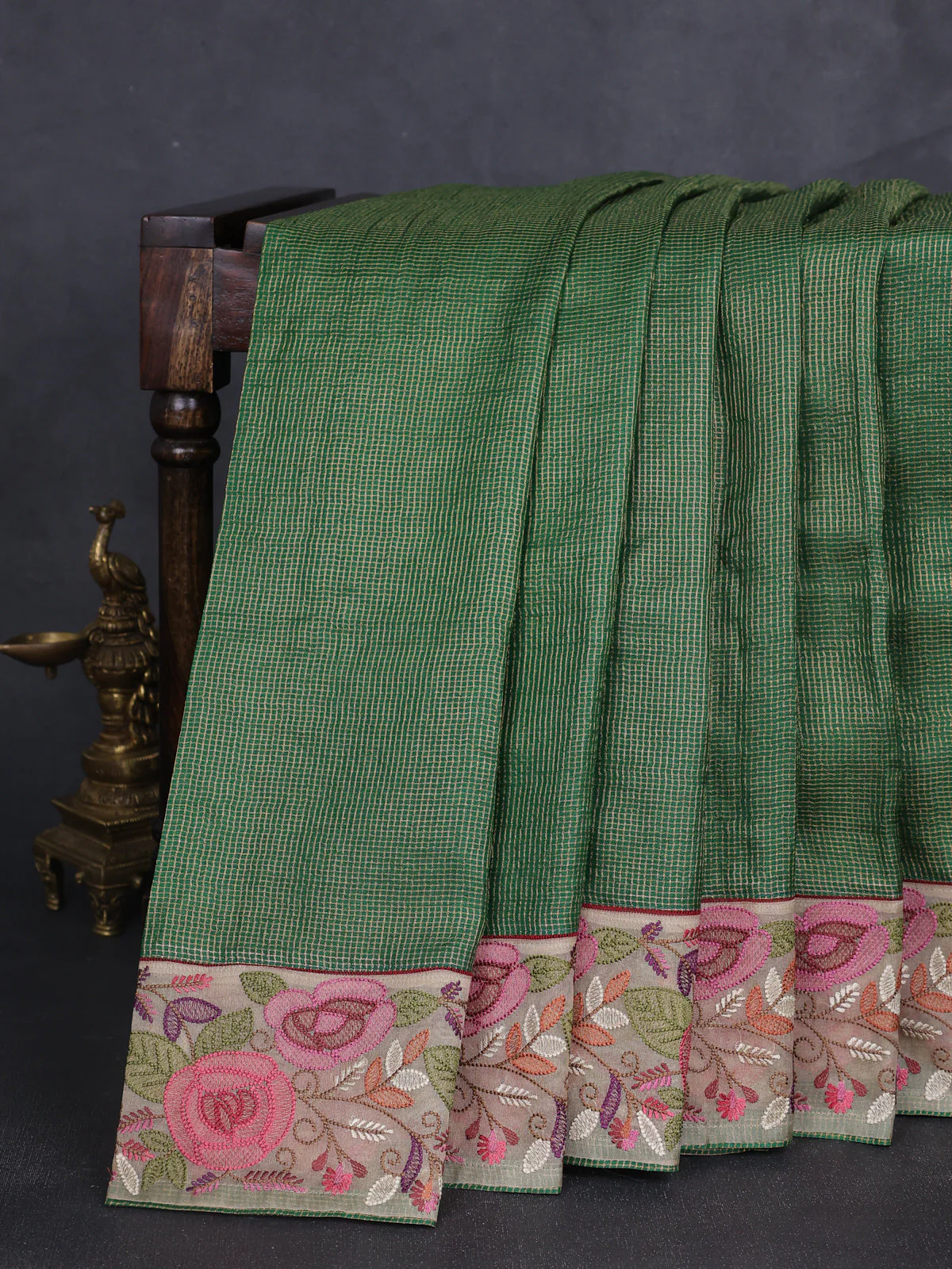 Green - Beige Tussar Zari Checked Pattern Embroidery Saree