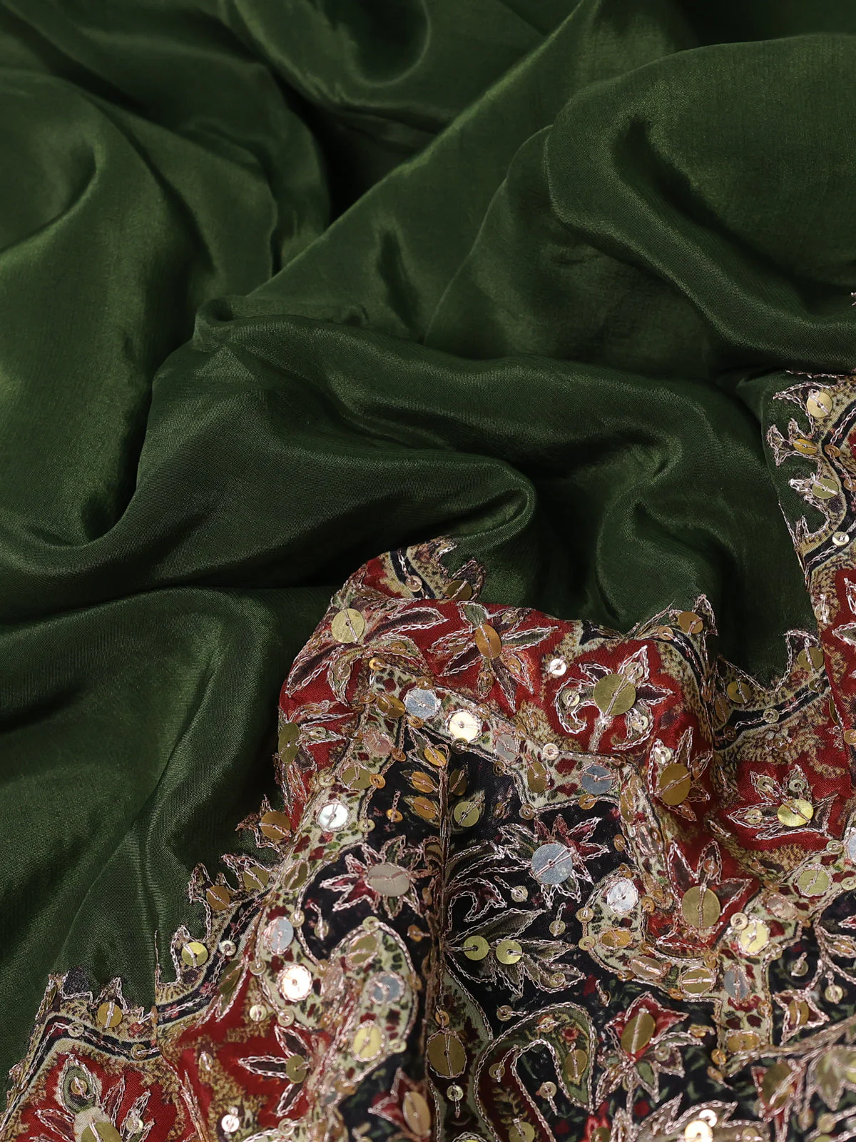Green Crepe Sequin Embroidery With Readymade Blouse - Image 3