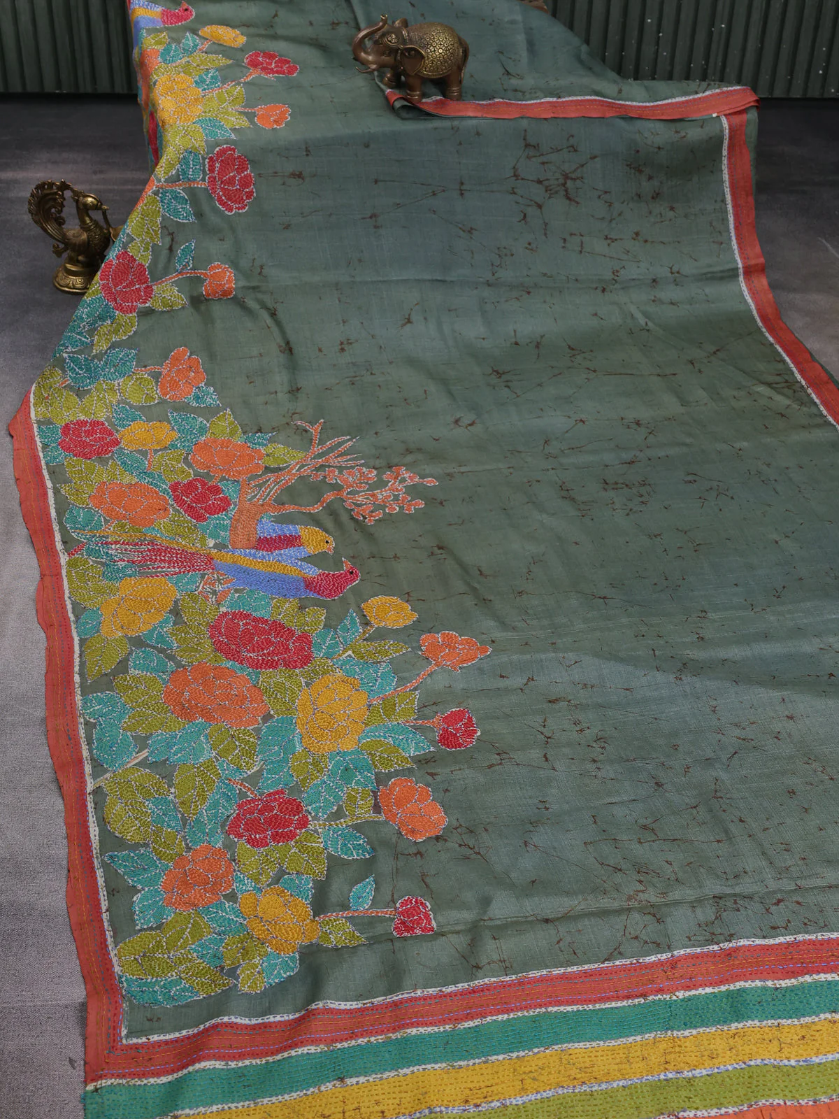 Green-Orange Tussar Kantha Embroidery Saree - Image 2