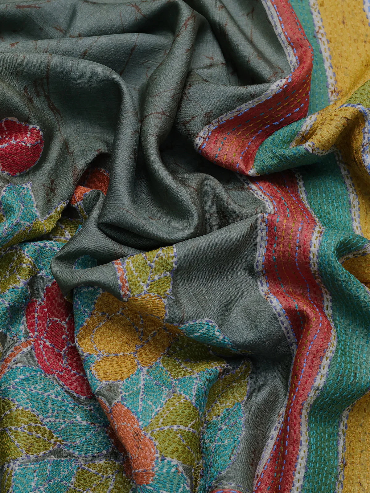 Green-Orange Tussar Kantha Embroidery Saree - Image 3