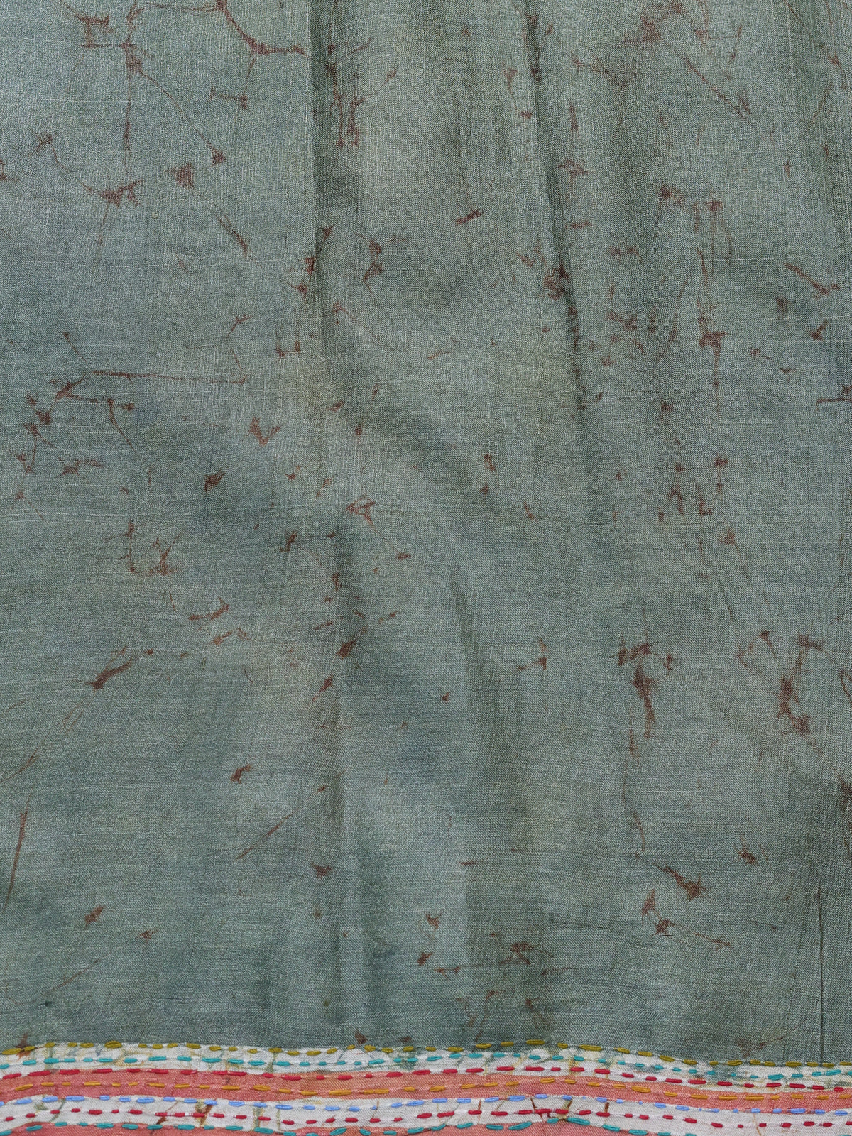 Green-Orange Tussar Kantha Embroidery Saree - Image 4