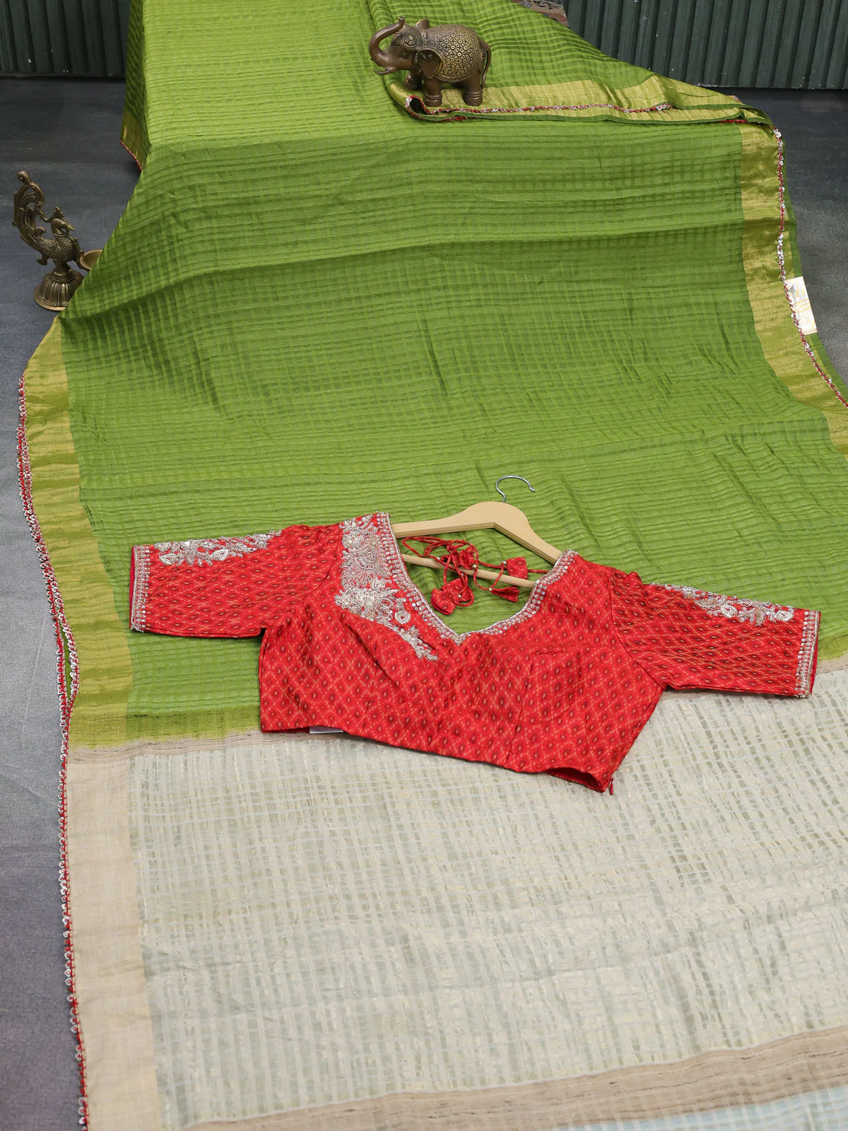 Green-Red Tussar Silk Saree With Embroidered Readymade Blouse