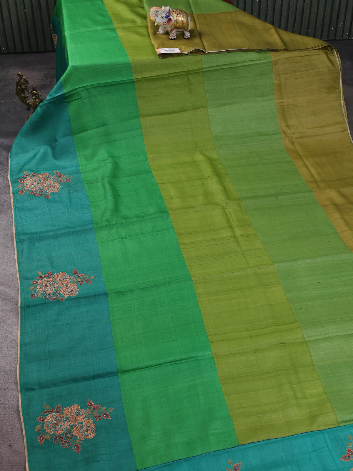 Green - Teal Green Tussar Embroidery Silk Saree - Image 2
