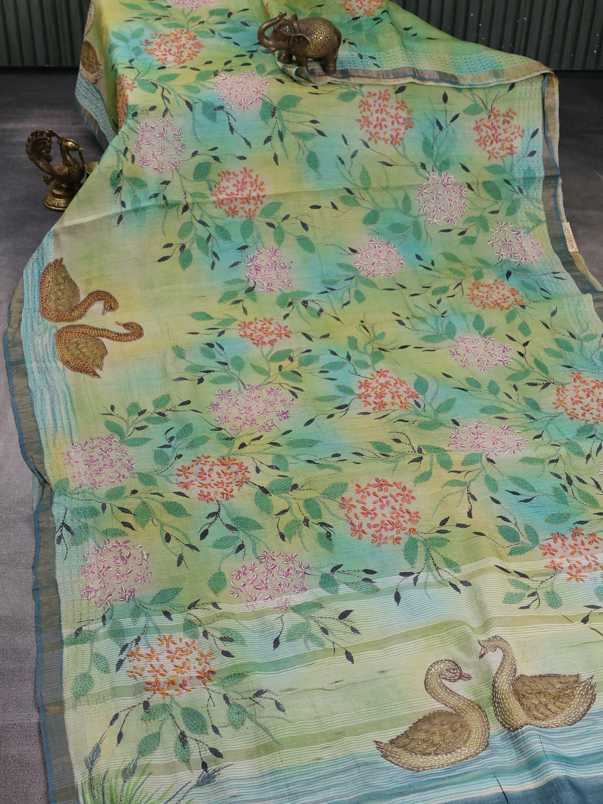 Green Tussar Kantha Embroidery Saree - Image 2