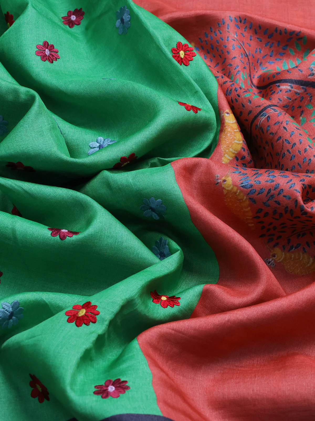 Green - Violet Tussar Embroidery Saree - Image 3