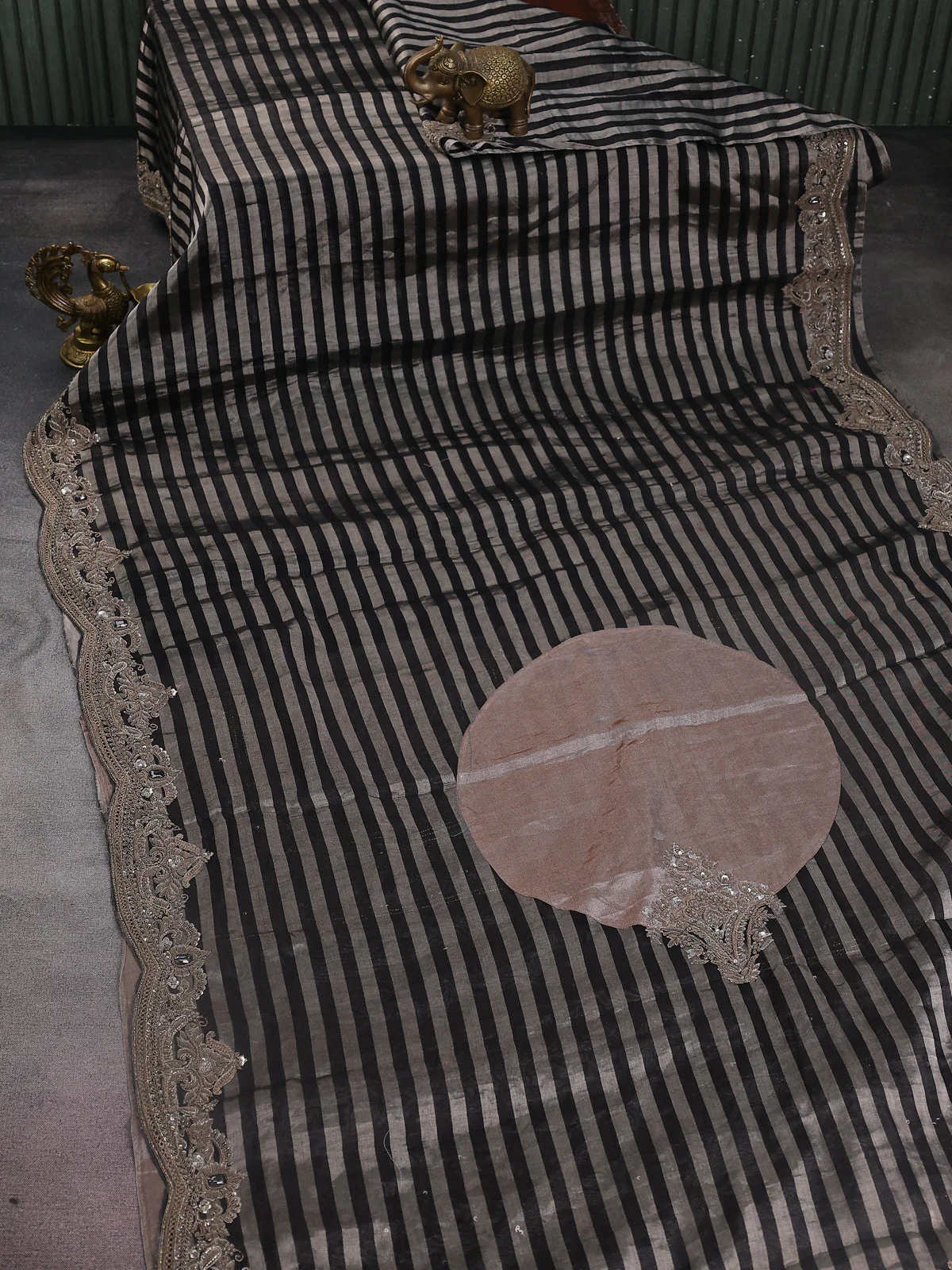 Grey-Black Tissue Silk Saree With Zardosi Work - Image 2