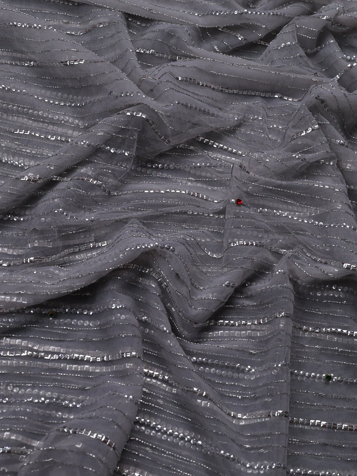 Grey Netted Designer Saree With Embroidery Readymade Blouse - Image 3