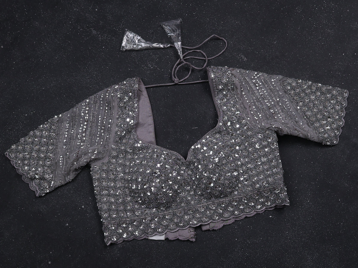 Grey Netted Designer Saree With Embroidery Readymade Blouse - Image 4