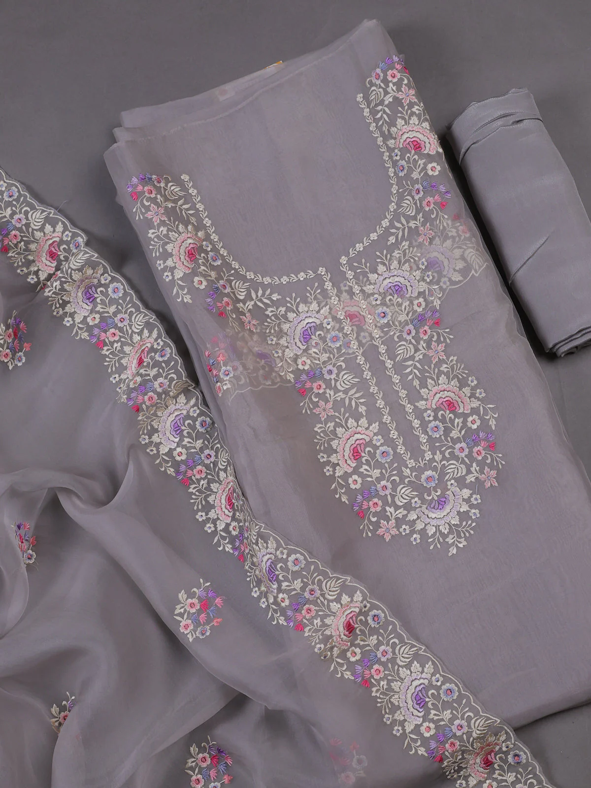 Grey Organza Silk Unstitched Suits