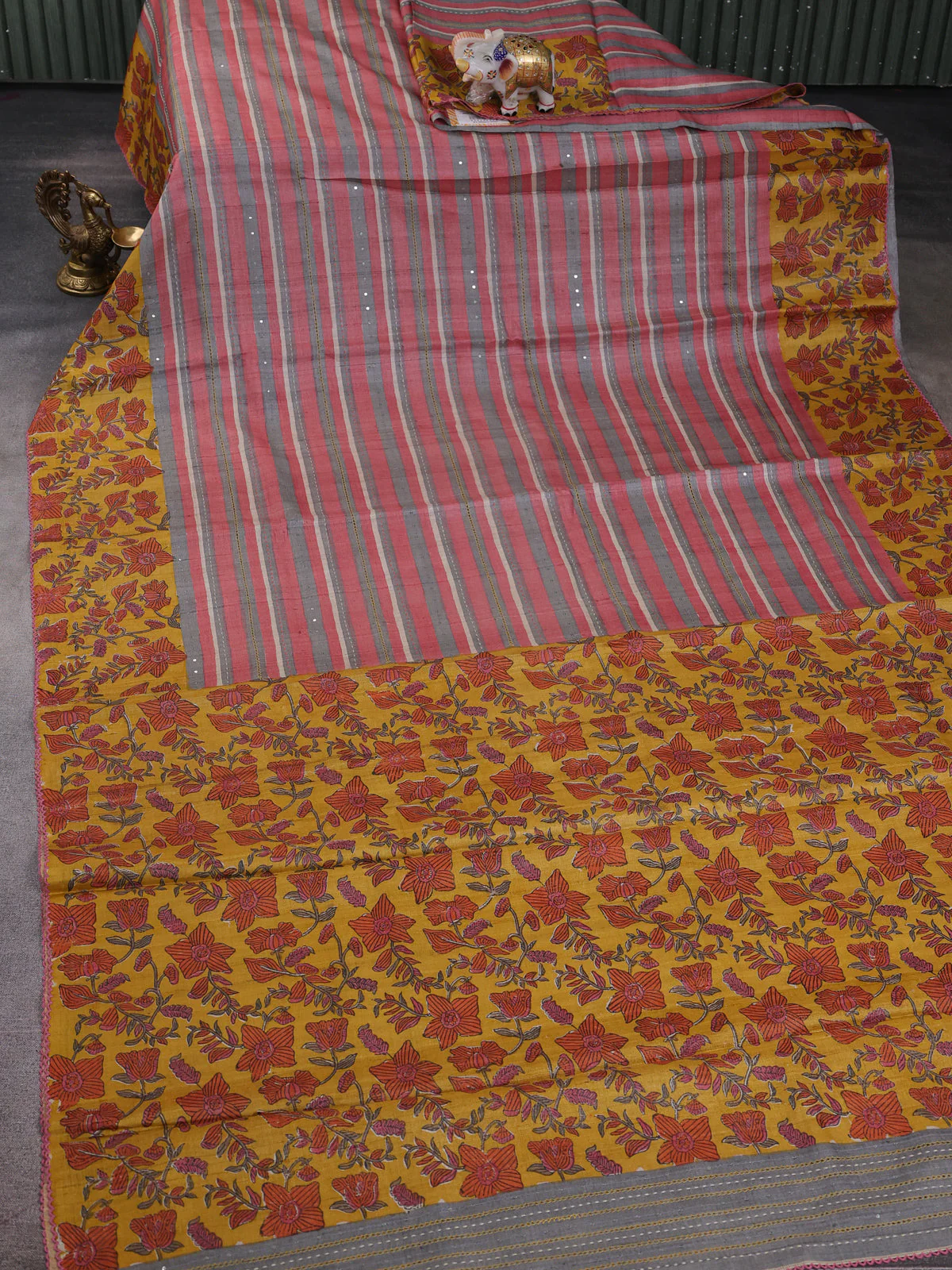 Grey & Peach - Mustard Tussar Kantha Embroidery Silk Saree - Image 2