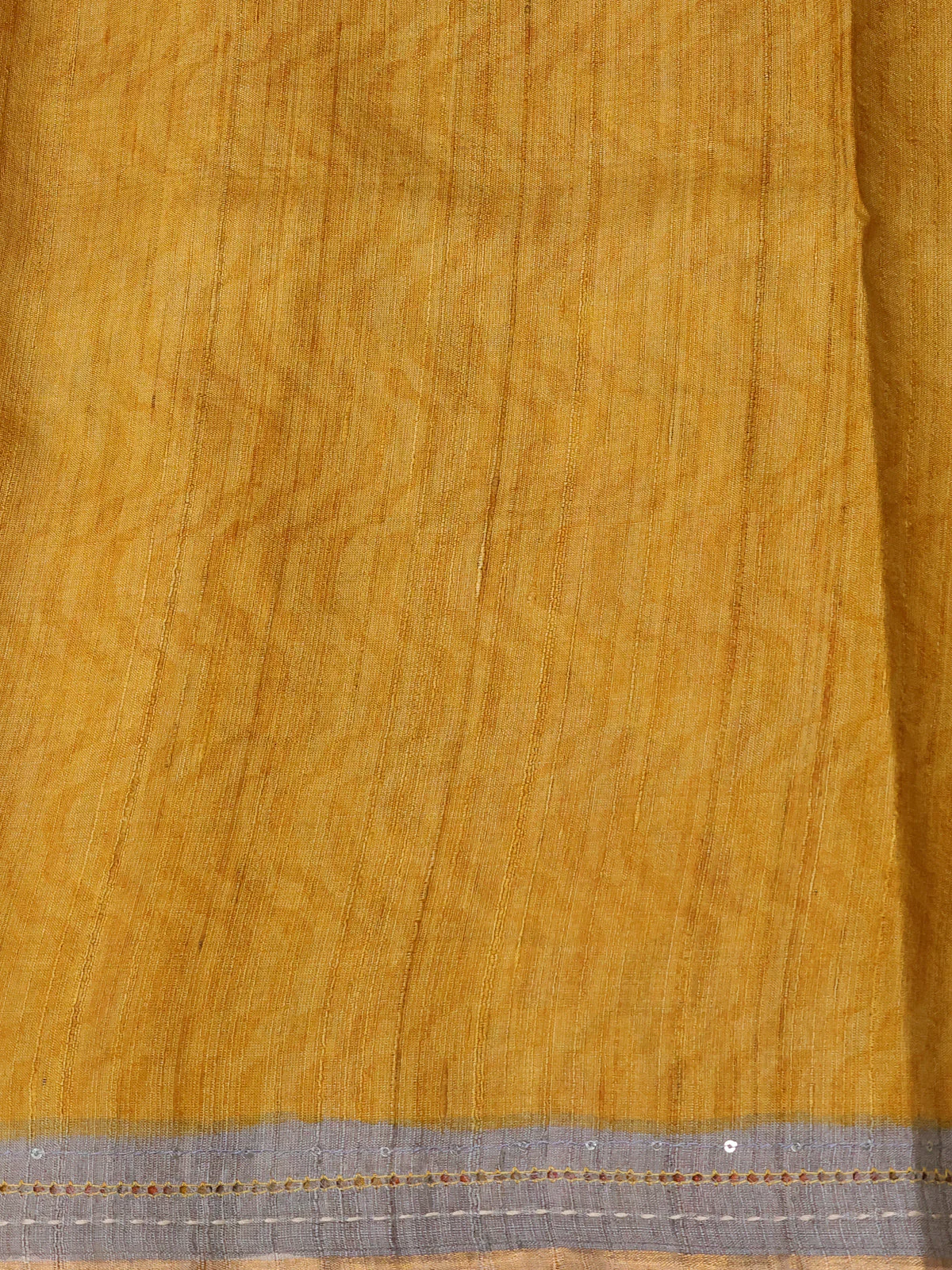 Grey & Peach - Mustard Tussar Kantha Embroidery Silk Saree - Image 4