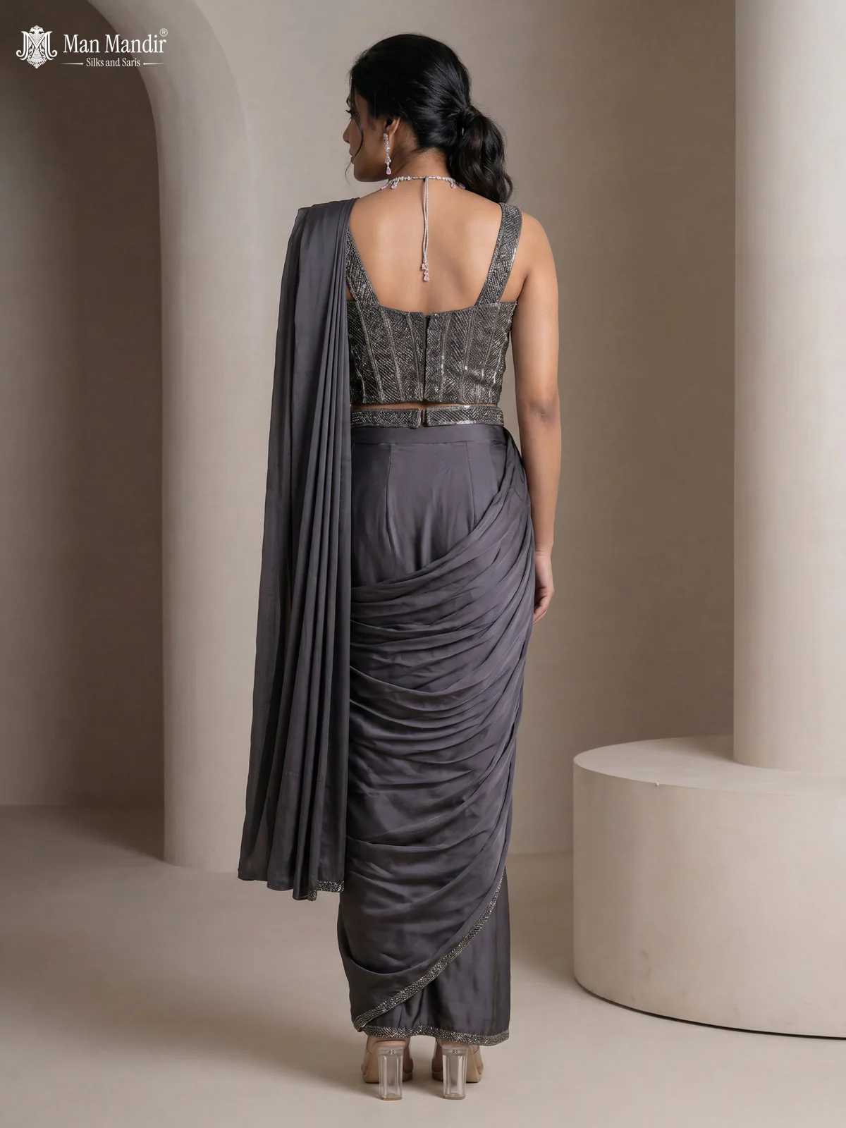 Grey Satin Crepe Pre Draped Saree With Embroidered Blouse & Hip Belt - Image 3