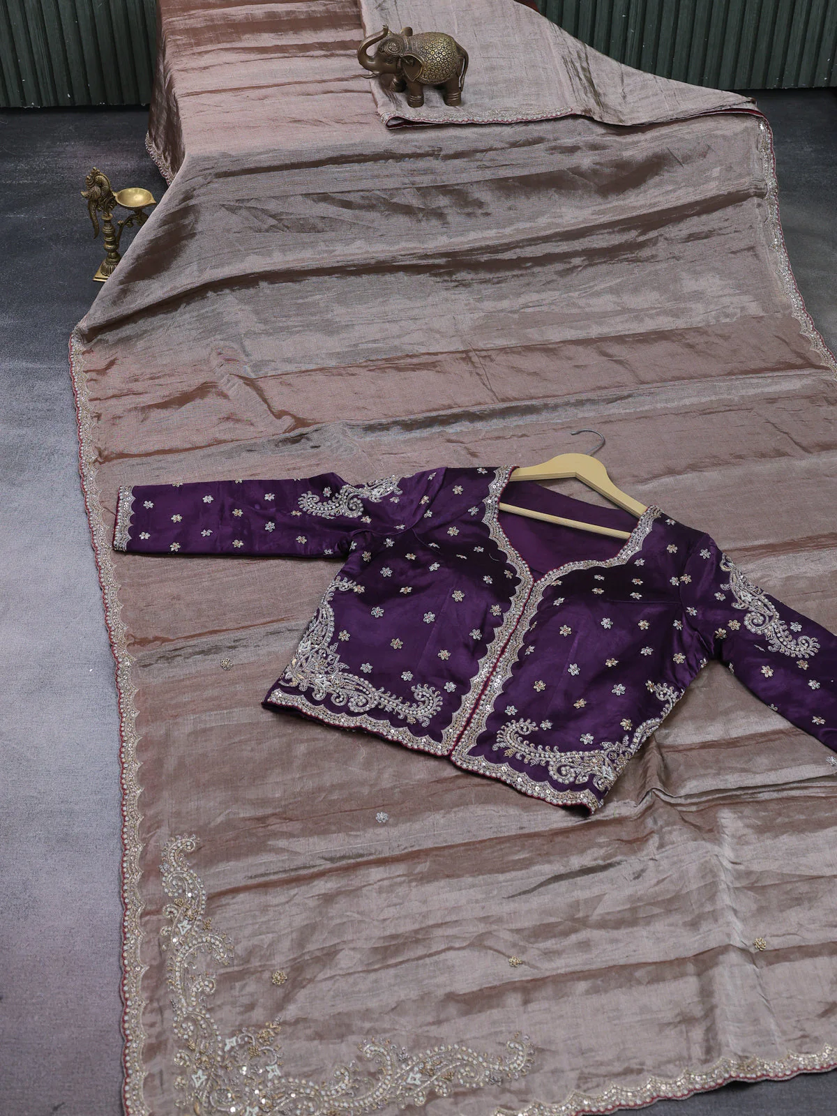 Grey Tissue Designer Saree With Embroidery Readymade Blouse - Image 2