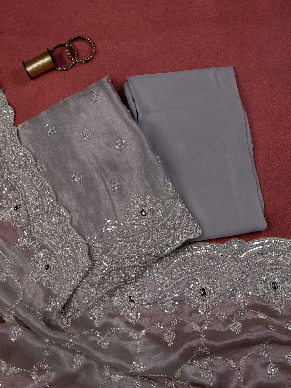 Grey Tissue Silk Unstitched Suit
