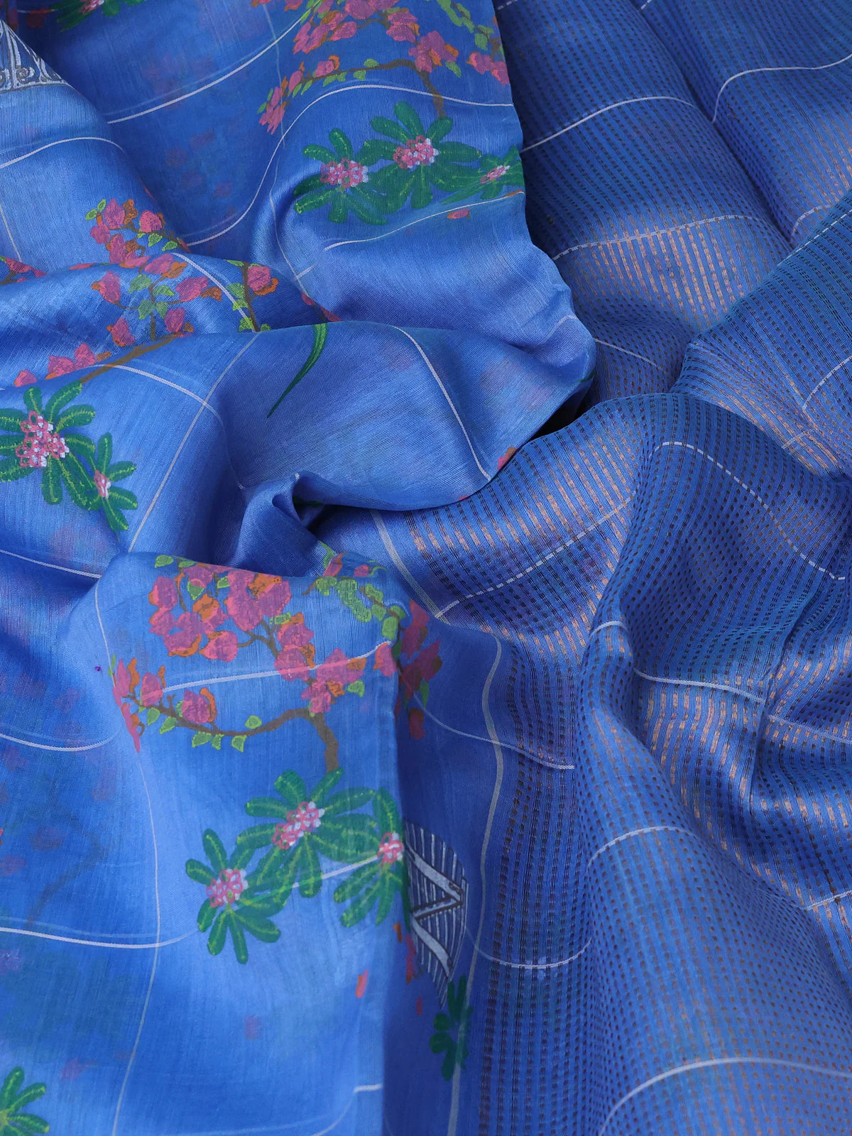 Indigo Blue - Firozi Blue Chanderi Printed Saree - Image 3