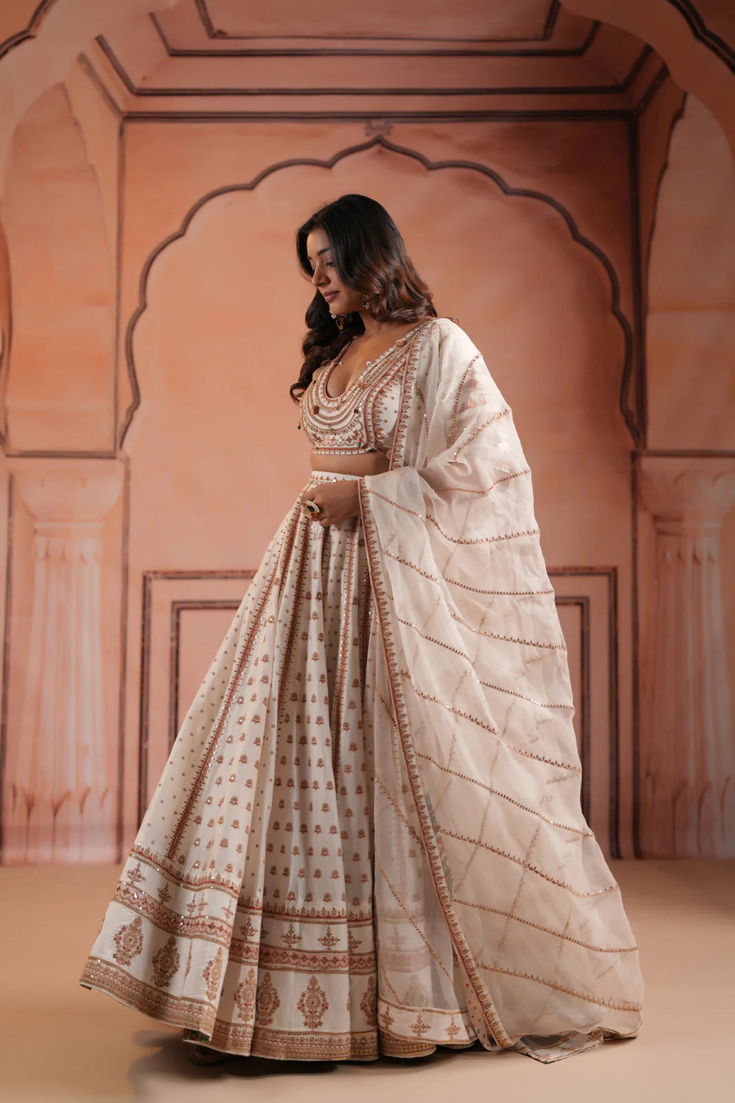 Off White Raw Silk Crop Top Lehenga Set With Allover Sequin Work And Embroidery - Image 2