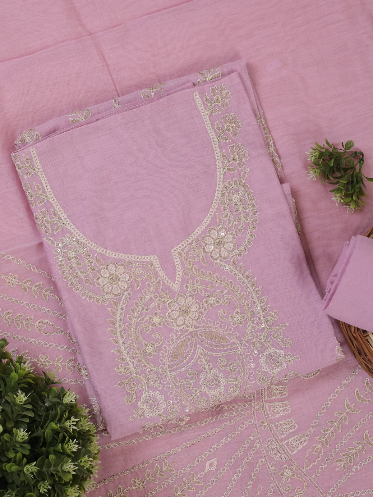 Lavender Mul Chanderi Unstitched Suit - Image 2