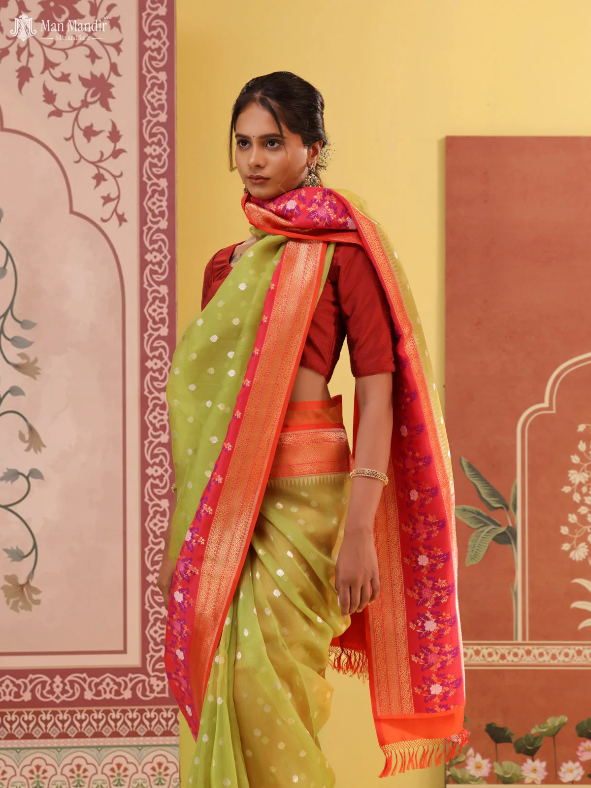 Lime Green -Orange Banarasi Ektara Kora Silk Saree - Image 6
